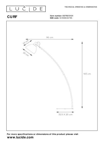 Lucide CURF - Stehlampe Mit Leselampe - 1xE27 - Weiß - technisch